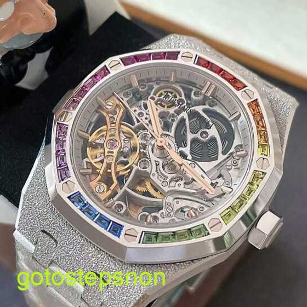 AP Tactical Wrist Watch Royal Oak Series 15466bc Hollow White Gold Frost Gold Original INLAID Rainbow Diamond Unisex Casual Business Sports Mechanical Watch