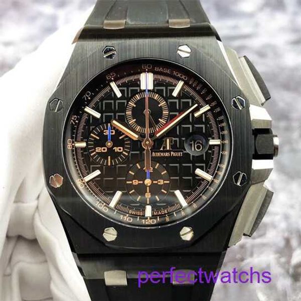 Reloj de pulsera AP Tourbillon Royal Oak Offshore Series 26405CE reloj de cerámica negro para hombre reloj mecánico con sincronización de aguja azul 44mm