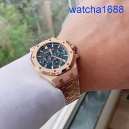 AP Tourbillon Wallwatch Royal Oak Series 26715or Blue Disc 18K Rose Gold Business Mecánico Mecán y Mujeres Unisex Reloj con fecha y función de sincronización