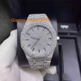 Ap Watches Version 2023 Moissanite Stones Sier Pass Test Mens Diamond T Op Qualité Mécanique Eta Mouvement Full Iced Out 2 tons Brillant Montre