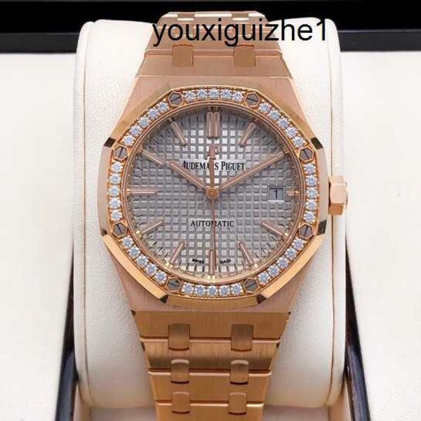 AP Montre-bracelet pour homme, montre pour femme, montre pour homme, série Royal Oak, diamètre 37 mm, or rose 18 carats, diamant original, automatique, mécanique, montre de luxe pour homme