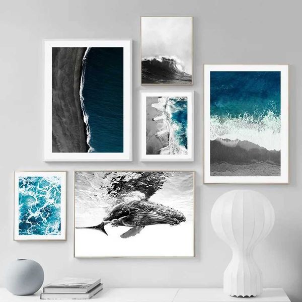 APERS Blue Sea Blanc White Wave Place Whale Wall Art Canvas Toivas Nordic Affiches et imprimés Images murales pour décoration de salon J240505