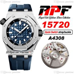 APF 1572 A4308 Reloj automático para hombre Bisel de acero cepillado de 4 mm Esfera azul blanca Correa de caucho con enlaces finales funcionales de extracción rápida Super Edition Puretime B2