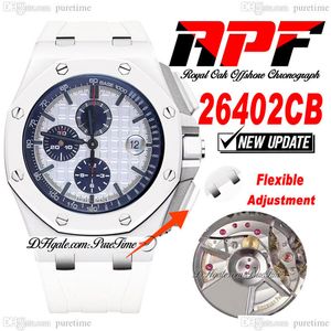 APF 2640 A3126 Automatische chronograaf Heren Watch 44 mm Witte keramische kast getextureerde kiezerstickmarkers Rubber Super Edition Puretime Strap Exclusieve technologie B2