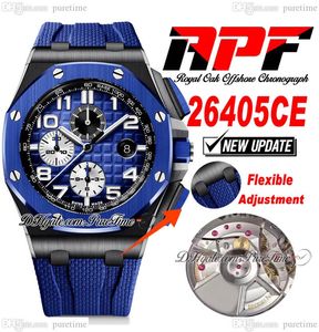 APF 2640 A3126 Automatische chronograaf Heren Watch 44 mm Ceramische hoes D-Blue Getextureerde wijzernummer Markers Rubber Super Edition Puretime Riem exclusieve technologie F6