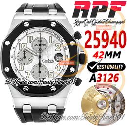 APF 42 mm 25940 A3126 automatische chronograaf herenhorloge zwarte keramische ring witte getextureerde wijzerplaat cijfermarkeringen rubberen band supereditie trustytime001 polshorloge