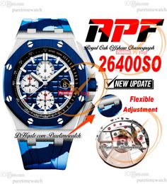 APF 44 mm 26400SO A3126 automatische chronograaf herenhorloge zilveren index blauwe keramische bezel camouflagerubber exclusieve technologie superversie Puretimewatch B2