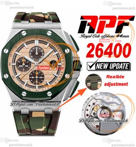 APF 44 mm 26400SO A3126 Montre chronographe automatique pour homme Index beige Lunette en céramique verte Camouflage Caoutchouc Technologie exclusive Super Version Puretimewatch A1