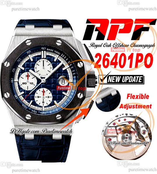 APF 44 mm 26400SO A3126 Montre chronographe automatique pour homme Index bleu blanc Lunette en céramique noire Bracelet en cuir Technologie exclusive Super Version Puretimewatch A1