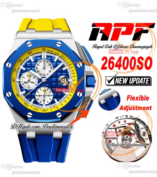 APF 44 mm 26400SO A3126 Montre chronographe automatique pour homme Index jaune blanc Lunette en céramique bleue Bracelet en caoutchouc Technologie exclusive Super Version Puretimewatch D4