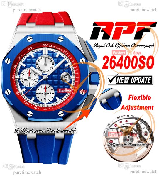 APF 44 mm 26400SO A3126 Montre chronographe automatique pour homme Index rouge blanc Lunette en céramique bleue Bracelet en caoutchouc Technologie exclusive Super Version Puretimewatch C3