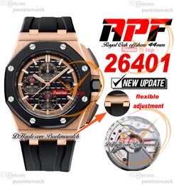 APF 44 mm 26401RO A3126 automatische chronograaf herenhorloge roségoud zwarte keramische bezel stickmarkeringen rubber exclusieve technologie superversie Puretimewatch B2