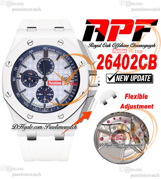 APF 44 mm 26402CB A3126 Cronógrafo automático Reloj para hombre Totalmente de cerámica Barra blanca con textura Esfera de goma Super versión Correa Tecnología exclusiva Puretimewatch