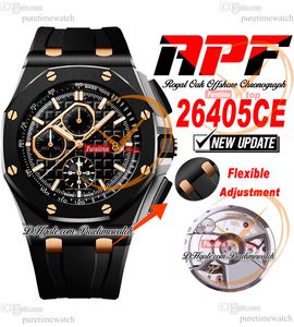 APF 44 mm 26405CE A3126 automatische chronograaf herenhorloge tweekleurig RG zwarte keramische getextureerde wijzerplaat rubberen band exclusieve technologie superversie Puretimewatch C3