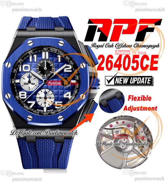 APF 44 mm 26405CE A3126 Montre chronographe automatique pour homme Cadran texturé en céramique noire bleue Bracelet en caoutchouc Technologie exclusive Super Version Puretimewatch F6