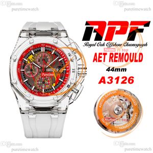 APF 44 mm Aet Remould A3126 automatische chronograaf herenhorloge Transparant composiet materiaal kast rode wijzerplaat witte rubberen band Super versie Reloj Hombre Puretime D4