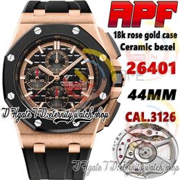 APF apf26401 Cal 3126 A3126 Cronógrafo Automático Reloj para hombre Caja en oro rosa Bisel de cerámica Esfera con textura negra Correa de caucho Super Ve2346