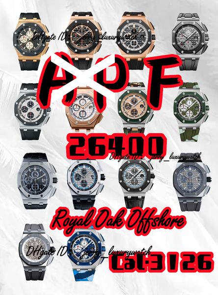 Reloj de lujo APF para hombre 26400 Todos los estilos Reloj cronógrafo de fibra de carbono Lente de zafiro de doble cara de 44 mm Correa de caucho natural Movimiento de cronógrafo 3126 uno