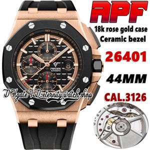 APFF 26401F Cal.3126 ARF3126 Chronograph Automatische Mens Watch Rose Gold Case Ceramic Bezel Black Texture Dial Rubber Strap Super versie Eeuwige stopwatch horloges