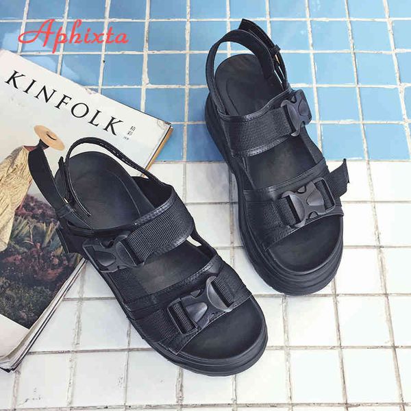 Aphixta 8cm Plattform Sandalen Frauen Keil High Heels Schuhe Frauen Schnalle Leder Leinwand Sommer Zapatos Mujer Keile Frau Sandale k78