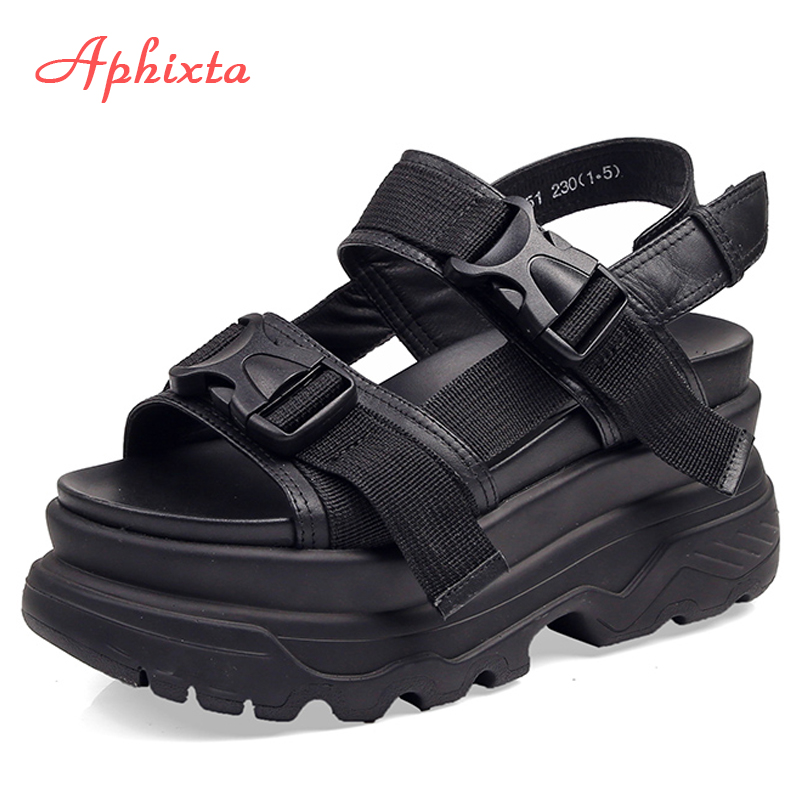 Aphixta 8cm plataforma sandálias mulheres cunha saltos altos sapatos mulheres fivela de couro de couro verão zapatos mujer cunhas mulher sandália