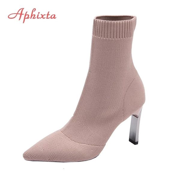 Aphixta métal lame talons chaussettes bottes femmes tissu extensible élastique talons aiguilles bout pointu bottines chaussures femme bateaux 240123