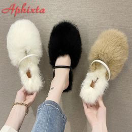 Aphixta Winter Echt Konijnenbont Pluche Vrouwen Slippers Natuur Warme Harige Schoenen Ronde Neus Vierkante Hak Haar Slides zapatos para mujer 240118