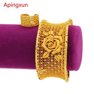 Aingxun Flower Bangle 24k Couleur en or Dubaiafricanethiopian Cuff Bracelet Anneau ensemble pour les femmes Bridal Wedding Jewelry Party Gift 240507