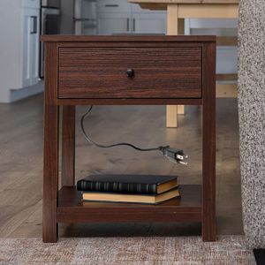 APOC HOME Fineer zijstation Houten slim nachtkastje met laadstation, lades - met USB-poorten en 2 stopcontacten -22 inch hoog (walnotenhout)