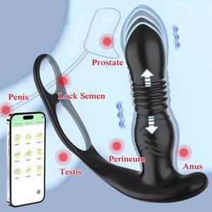 App Poussée Masseur De Prostate Anal Gode Vibrateur Pénis Cock Ring Télescopique Plug Sex Toys Hommes 240312