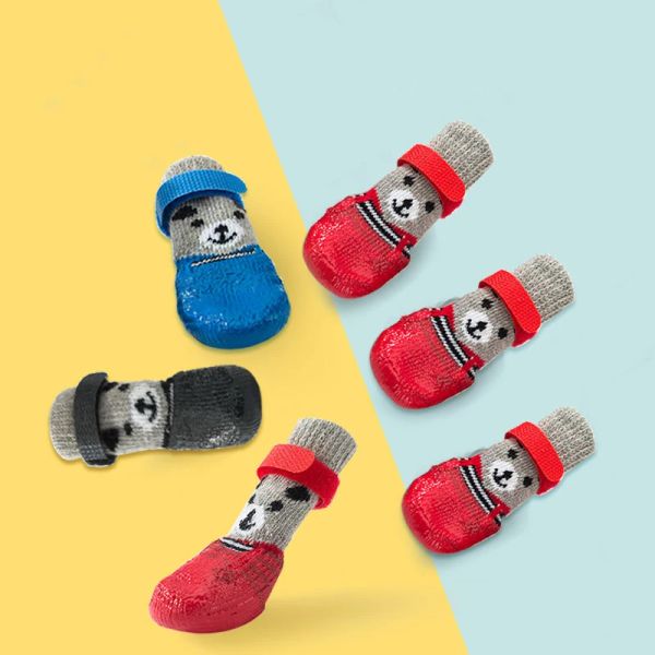 Vêtements 4pcs / set mignon chien chaussures en caoutchouc coton chaussettes imperméable antidérapant chien pluie bottes de neige chaussettes chaussures pour chiot petits chats chiens