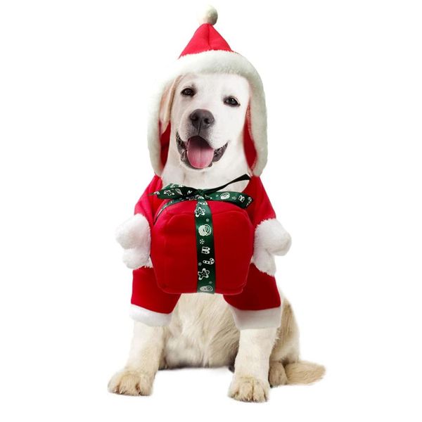Ropa Ropa navideña para perros, conjunto con caja de regalo de Papá Noel, cachorros y gatos de invierno, chaquetas rojas con capucha, ropa para mascotas Chihuahua Yorkie