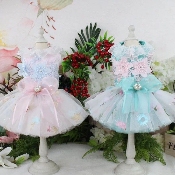 Vêtements De Luxe Mode Brodé Chiot Chien Dentelle Tutu Robe Rose Bleu À La Main Vêtements Pour Animaux De Compagnie Robe Pour Petit Chien Tenues Caniche Chihuahua