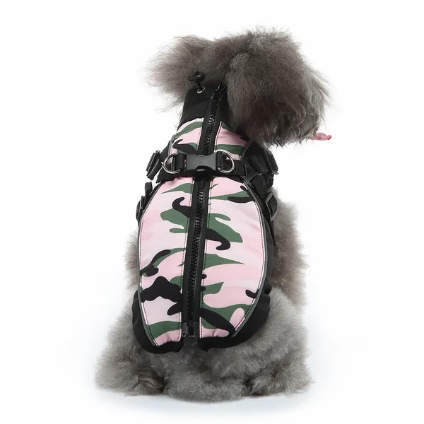 Abbigliamento Completo Gilet Inverno Cappotto per gatti Completo Poliestere mimetico Meteo Piccolo costume Animale domestico Cani caldi Grande accessorio Guinzaglio Portatile Rosa Camo