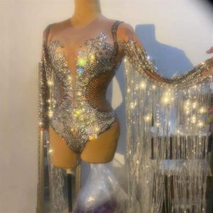 Kleding Stadium Slijtage Sparkly Steentjes Fringe Mouw Bodysuit Nachtclub Bar Zanger Danser Sexy Prestaties Kleding Pailletten Tassels276t