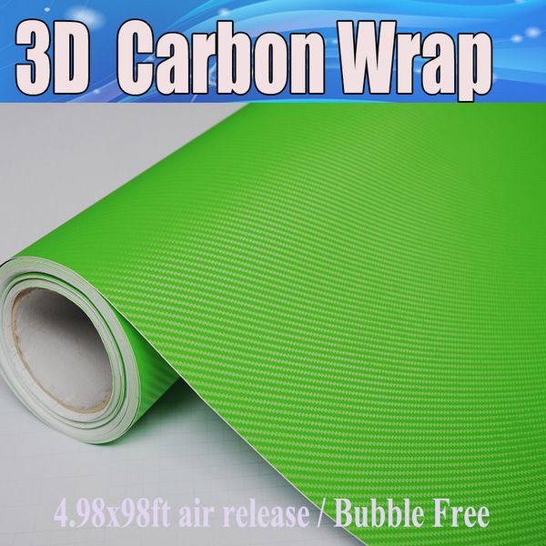 Apple Green 3D fibra de carbono vinilo Car Wrap Film Air Bubble Free Car styling Envío gratis 1.52x30 m / rollo