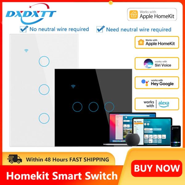 Apple homekit Smart Switch Non neutre EU / US WiFi Touch Capteur d'éclairage Smart Google Home Alexa Siri Contrôle vocal 220V 110V