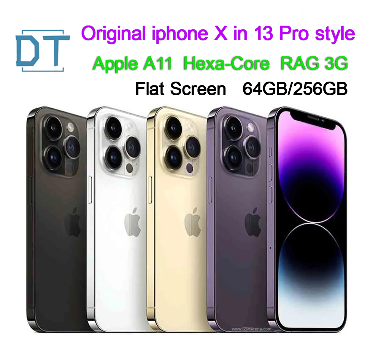 Apple Original iphone X in iphone 13 pro 14 pro style phone network Unlocked with 13pro box&Camera appearance 3G RAM 64GB/256GB ROM smartphone ,new battery 100%