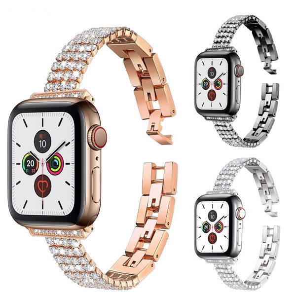 Apple Watch Bracelet en métal incrusté de diamants à quatre rangées Montre Apple 1-8 à usage général, bracelet en acier inoxydable de luxe léger et plein de diamants