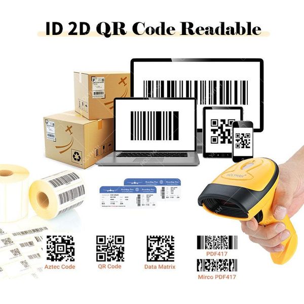 Aplicados 1D 2D Handhel Barcode Scanner Reader QR PDF417 Bluetooth 2.4G Lector USB Wired Wired Wired Código de cigarrillo de pequeñas empresas