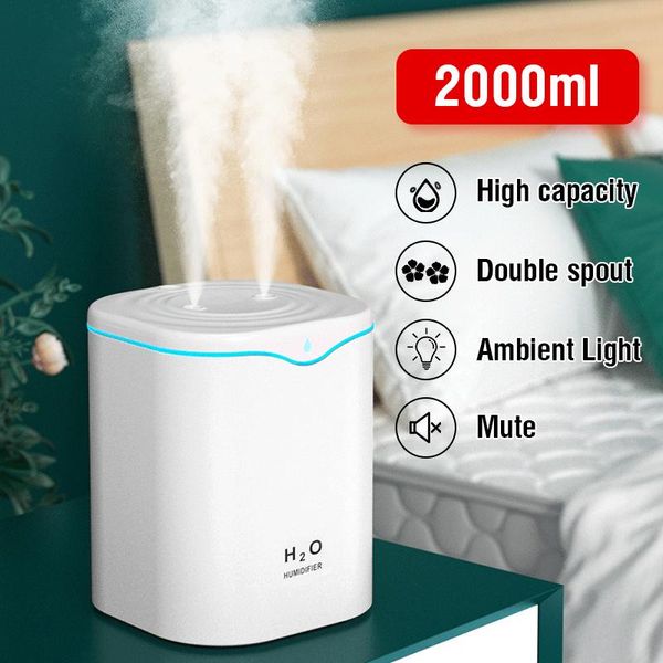 Electrodomésticos 2000ML Humidificador de aire USB Puerto de pulverización doble Difusor de aromaterapia de aceite esencial Máquina de niebla fría Fogger para oficina en casa