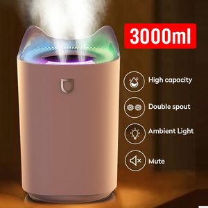 Apparaten 3L Luchtbevochtiger Essentiële olie Geurverspreider Dubbele mondstuk met Coloful LED-licht Ultrasone luchtbevochtigers Aromatherapie-diffuser