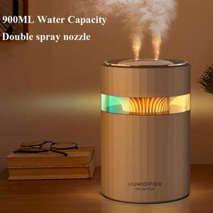 Appareils Humidificateur d'air USB à double buse Capacité d'eau de 900 ml Brumisateur frais avec veilleuse colorée Humidificador ultrasonique