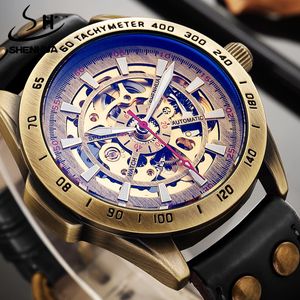 Appareils Shenhua Militaire Noir Bracelet En Cuir Véritable Citizen Automatique Mécanique Lumineux Seiko Montre En Verre Transparent Montre Homme