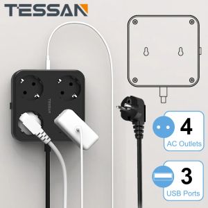 Appliances Tessan Elektrische stopcontact Stroomstrook met schakelaar 4 AC stopcontacten 3 USB -poorten 2m kabelwand monteerbaar stroomaansluiting voor thuiskantoor