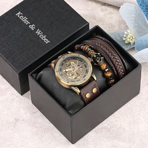 Appareils Vintage Golden Mens Watch Mechanical Montres mécaniques Elastic Bracelets Fashion Gifts Boîte pour mari Boyfriend