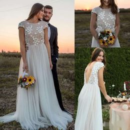 Applique Country 3D Floral 2019 Jurken Sexy Backless Short Sheeves Sweep Train Tule Plus Size Wedding Jurk Vestido de Novia