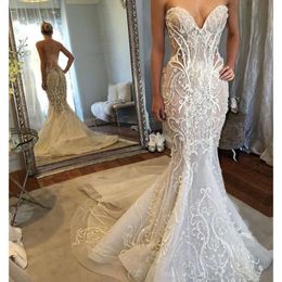 Applique Lace Mermaid Neck nieuwste lieverd jurken sexy bruidsjurken vegen trein op maat gemaakte trouwjurk Vestidos de novia