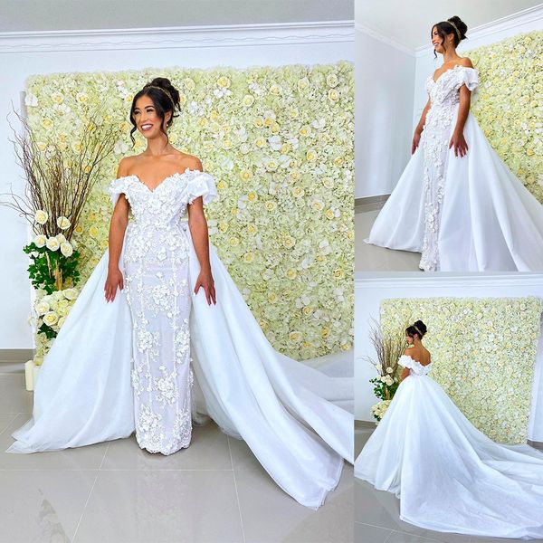 Robe de mariée sirène avec des appliques, exquise, épaules dénudées, traîne détachable, robes florales, sur mesure, robe formelle
