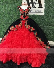 Applique rouge robe De bal Quinceanera arc à volants mexicain doux 16 robes robes De 15 Anos à lacets